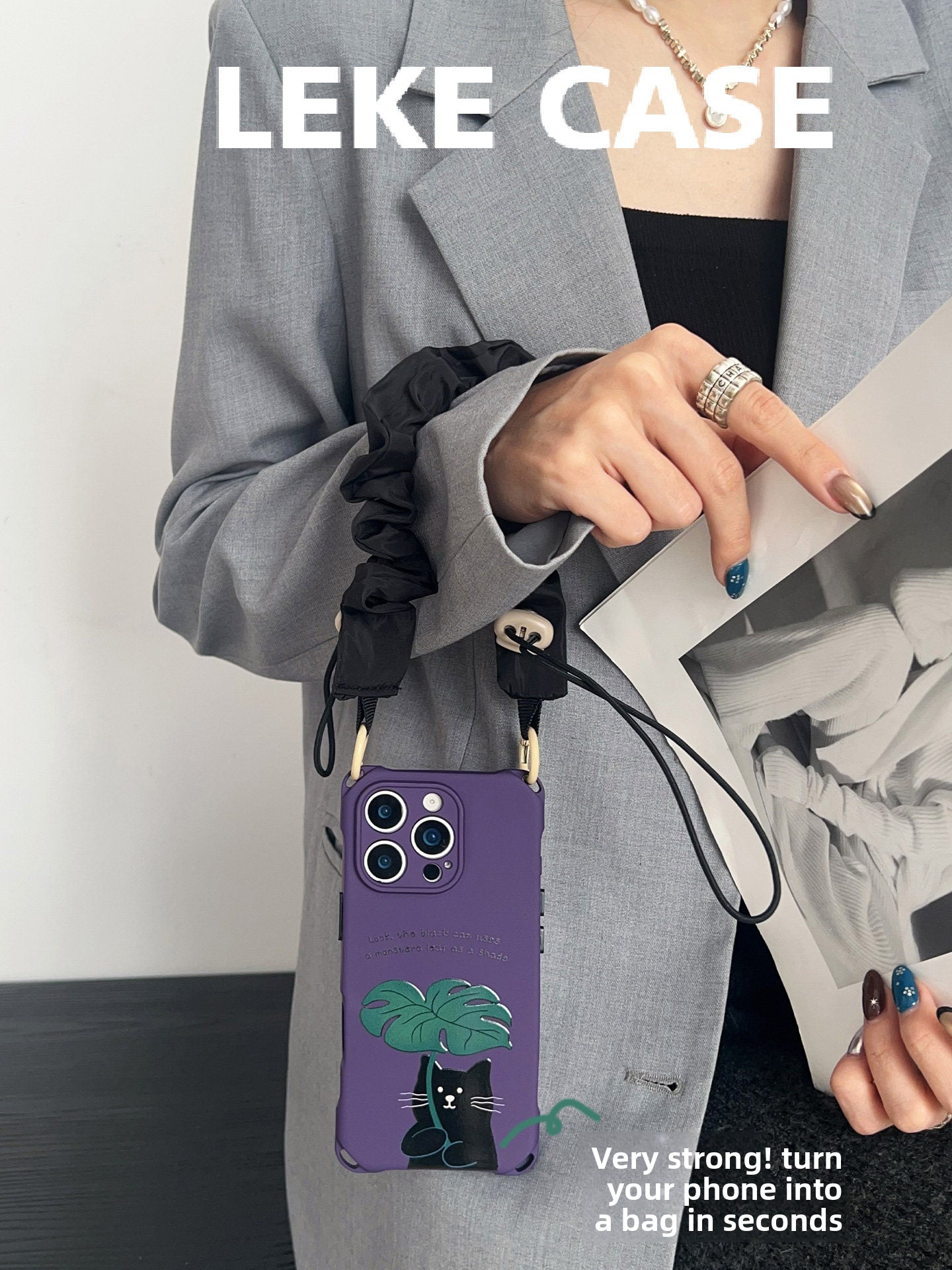 iPhone 16pro Purple Black Cat Monstera Leaf Phone Case