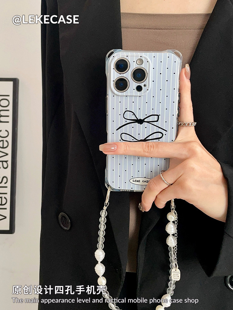 iPhone 16ProMax Blue Striped Bow Phone Case