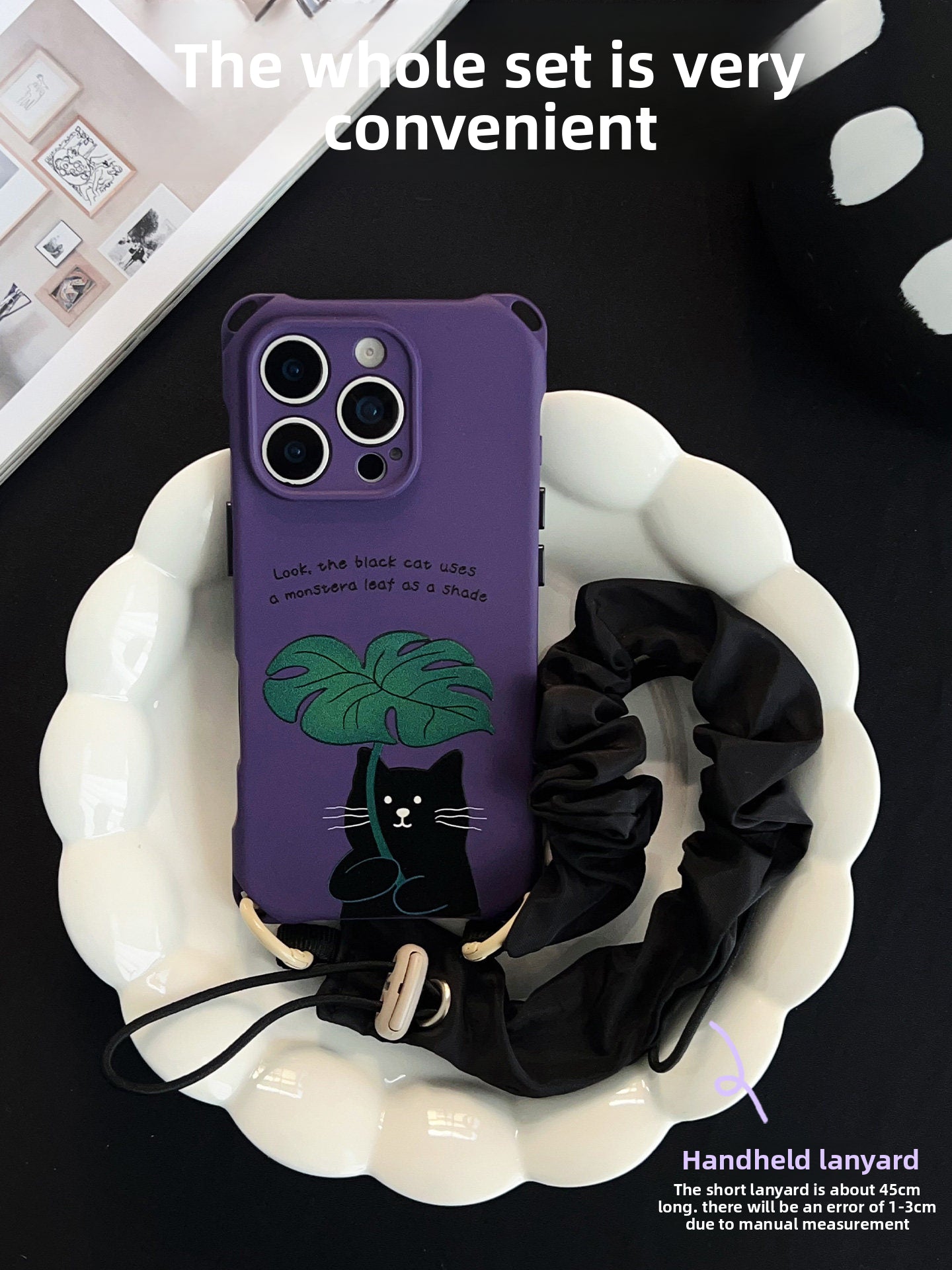 iPhone 16pro Purple Black Cat Monstera Leaf Phone Case