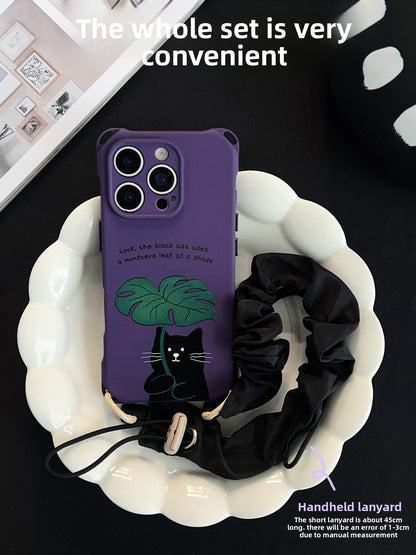 iPhone 16pro Purple Black Cat Monstera Leaf Phone Case