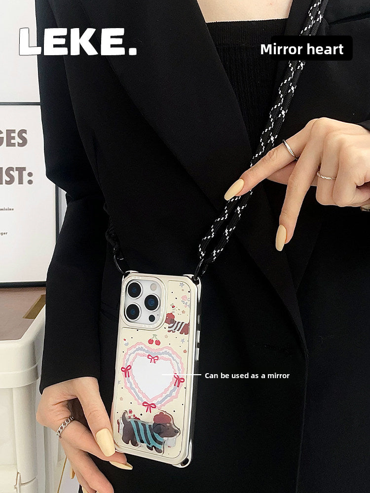 iPhone 16Pro Cute Dachshund Phone Case with Heart Mirror