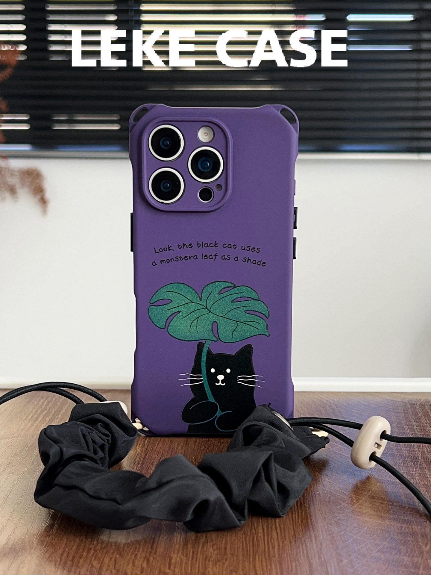 iPhone 16pro Purple Black Cat Monstera Leaf Phone Case
