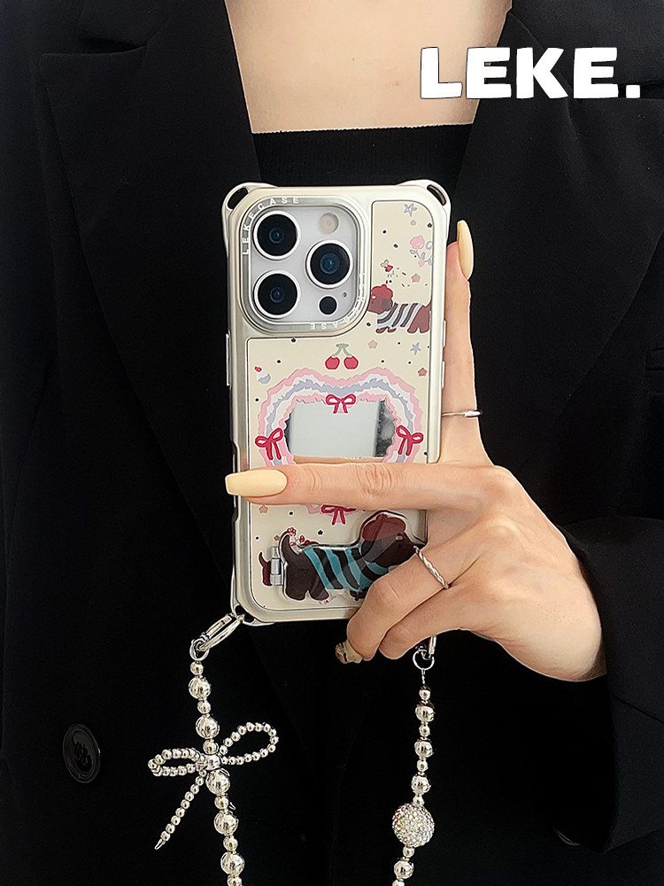 iPhone 16Pro Cute Dachshund Phone Case with Heart Mirror