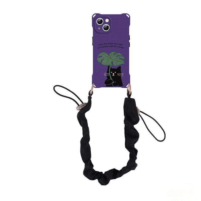 iPhone 16pro Purple Black Cat Monstera Leaf Phone Case